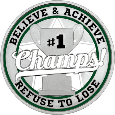 White "Champs!" with Dark Green Outer Circular Borders